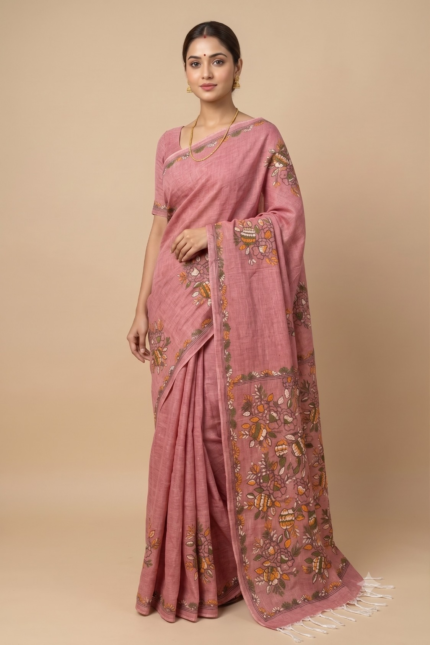 # The Pastel Bloom: Onion Pink Handloom Cotton Saree with Multicolor Kantha Embroidery