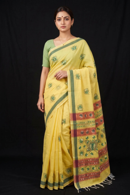 # The Meadow Flutter: Yellow Handloom Cotton Saree with Butterfly Kantha Art