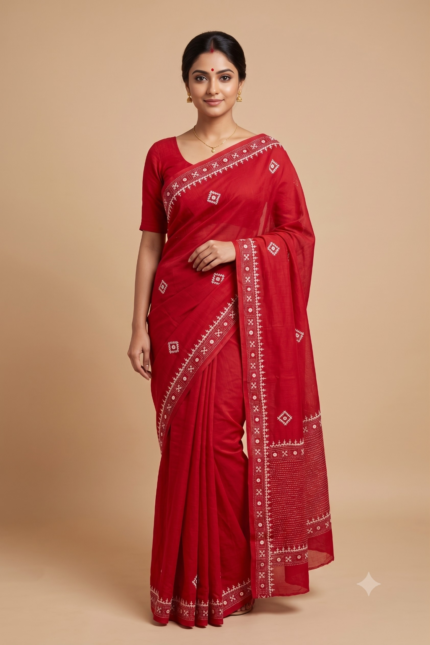 The Scarlet Mirror: Red Handloom Cotton Saree with White Kutch & Aabhla Art