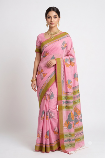# The Pastel Flora: Baby Pink Handloom Cotton Saree