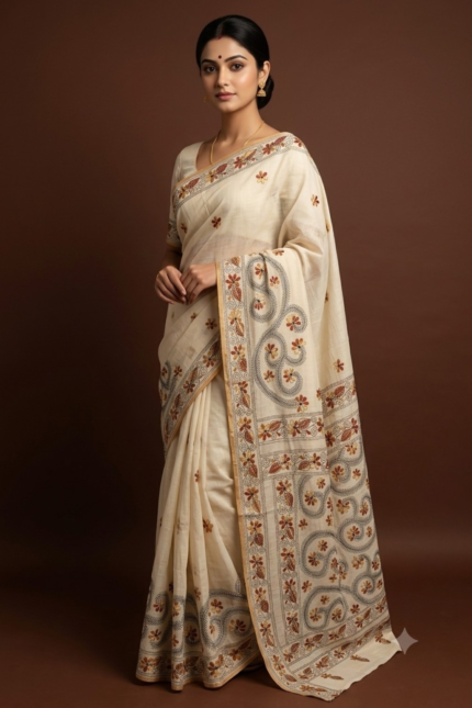 # The Antique Parchment: Ivory White Chanderi Cotton Silk Saree with Kantha