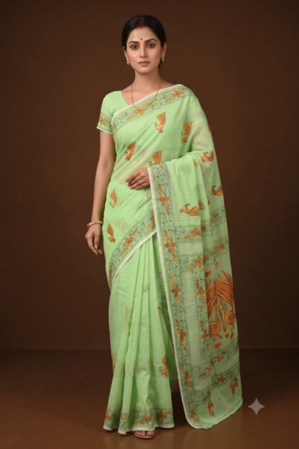 # The Woodland Mayur: Green Apple Chanderi Cotton Silk Saree with Kantha Embroidery