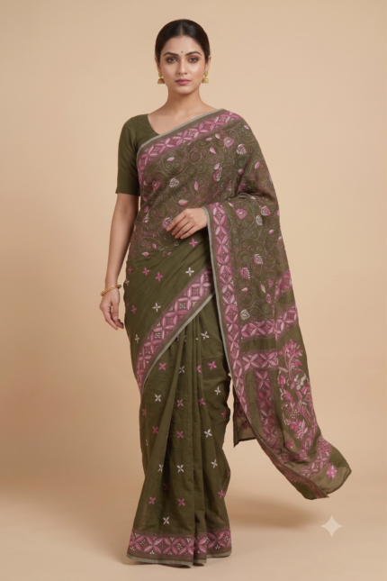 # The Gossamer Bloom: Army Green Chanderi Cotton Silk Saree with Kantha Embroidery