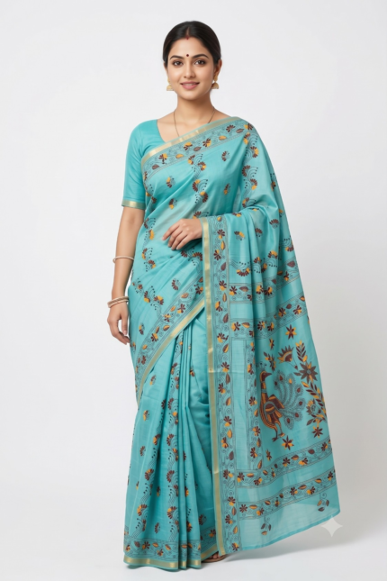 The Gilded Lagoon: Turquoise Blue Chanderi Cotton Silk Saree with Kantha Embroidery
