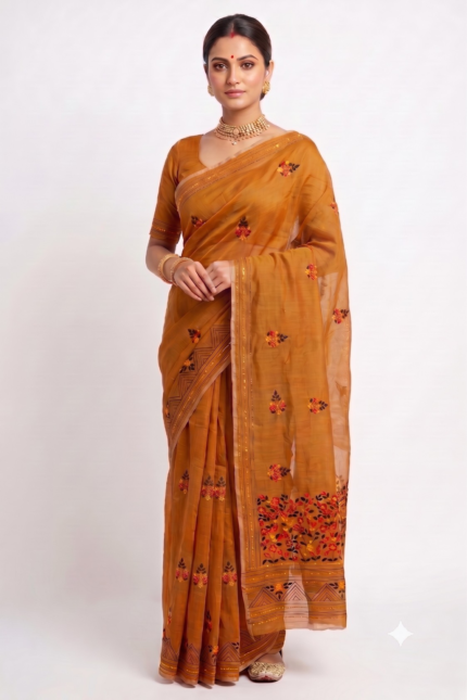 # The Ochre Bloom: Dark Mustard Chanderi Cotton Silk Saree with Bullion Embroidery