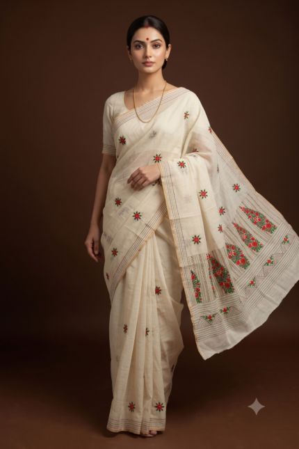 # The Celestial Bloom: Off-White Chanderi Cotton Silk Saree with Bullion Embroidery
