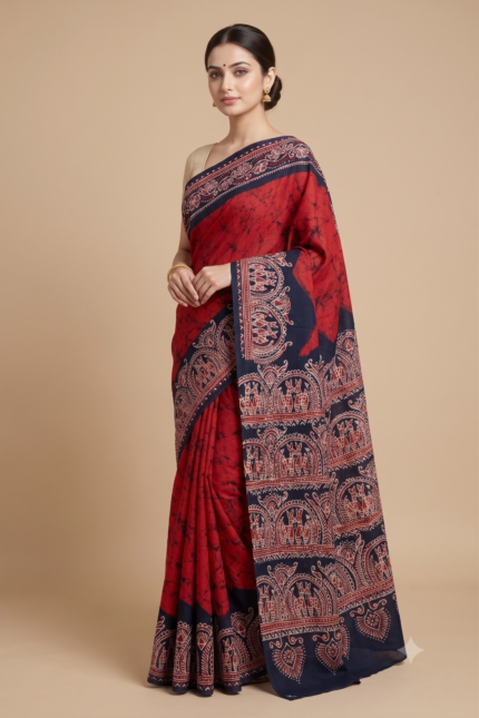 # The Crimson & Kohl Canvas: Red Handloom Cotton Saree with Shorutuli Batik